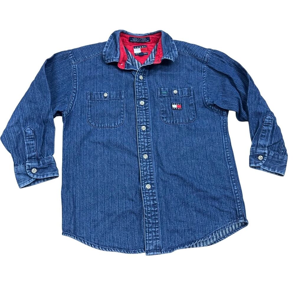 Tommy Hilfiger Boys Blue Textured Stripe Denim Button Down Shirt Size 5